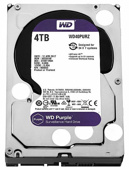 HD (Disco Rígido) - HD 4TB SATA - 5200RPM - 64MB Cache - Western Digital Purple Surveillance - WD40PURZ - Ideal para CFTV