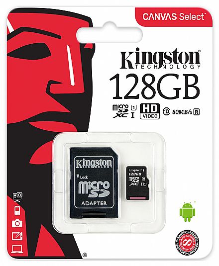 Cartão de Memória - Cartão 128GB Micro SD com adaptador SD - Classe 10 - Velocidade até 80MB/s - Kingston SDCS/128GB