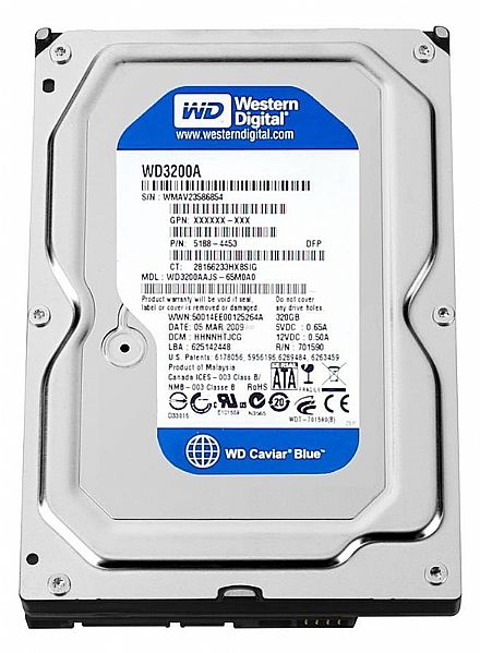 HD (Disco Rígido) - HD 320 GB SATA 2 - 3Gb/s - 7200RPM - 8MB Cache - WD Caviar Blue - WD3200A - Recertificado