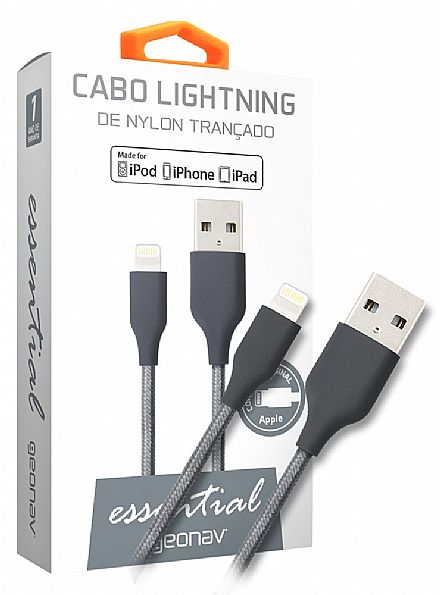 Acessorios de telefonia - Cabo Lightning para USB - Para iPhone, iPad e iPod - 1 Metro - Revestido de Nylon Trançado - Cinza Espacial - Geonav Essential ESLISG