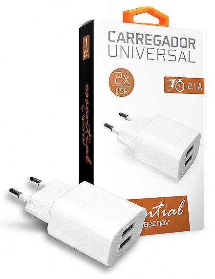 Carregadores - Carregador de parede Universal - 2 Saídas USB - Bivolt - 2.1A - Branco - Geonav Essential ESACW2