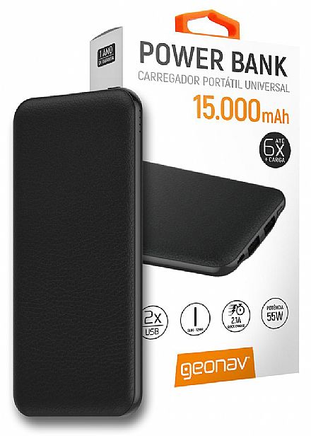 Carregadores - Power Bank Carregador Portátil Geonav PB15000B - Bateria Externa 15000mAh - Preto - USB - para Smartphones, Tablets
