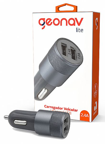 Carregadores - Carregador Veicular USB - com 2 portas USB - 2.4A - Preto - Geonav ES24CH