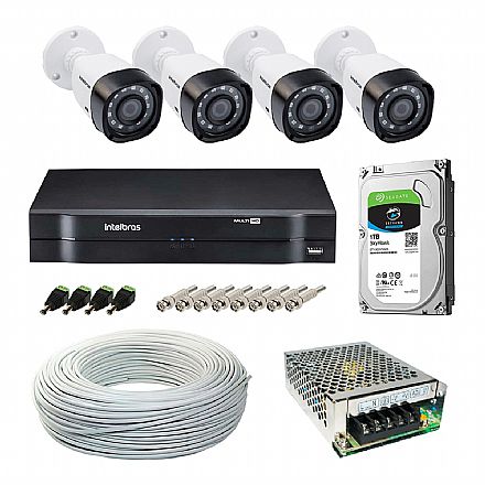 Segurança CFTV - Kit CFTV Intelbras - DVR 8 Canais MHDX 1108, 4 Câmeras Bullet VHD 1120 B G5, HD 1TB, Fonte Chaveada, Cabo Coaxial 100 metros, 4 Plugs P4 Macho + 8 Conectores BNC Macho