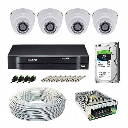 Segurança CFTV - Kit CFTV Intelbras - DVR 8 Canais MHDX 1108, 4 Câmeras Dome VHD 1010 D G4, HD 1TB, Fonte Chaveada, Cabo Coaxial 100 metros, 4 Plugs P4 Macho + 8 Conectores BNC Macho