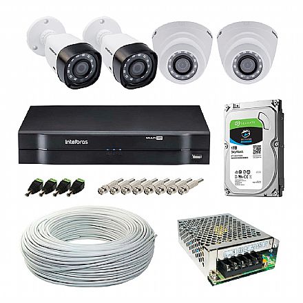 Segurança CFTV - Kit CFTV Intelbras - DVR 8 Canais MHDX 1108, 2 Câmeras Bullet VHD 1120 B G5 + 2 Câmeras Dome VHD 1010 D G4, HD 1TB, Fonte Chaveada, Cabo Coaxial 100 metros, 4 Plugs P4 Macho + 8 Conectores BNC Macho