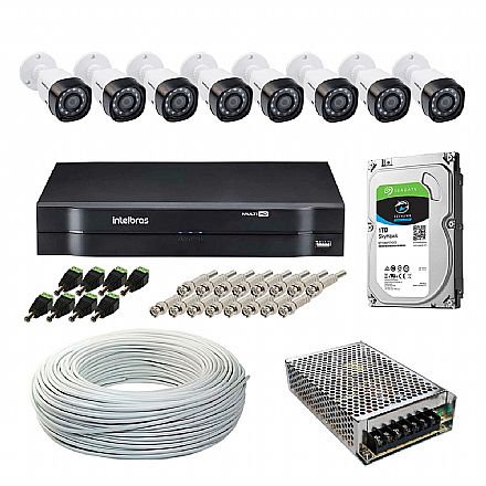 Segurança CFTV - Kit CFTV Intelbras - DVR 16 Canais MHDX 1116, 8 Câmeras Bullet VHD 1120 B G5, HD 1TB, Fonte Chaveada, Cabo Coaxial 100 metros, 8 Plugs P4 Macho + 16 Conectores BNC Macho
