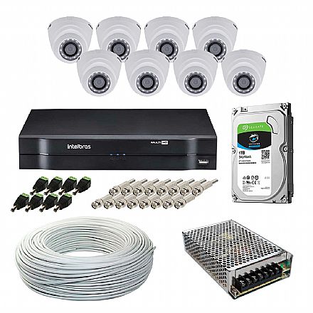 Segurança CFTV - Kit CFTV Intelbras - DVR 16 Canais MHDX 1116, 8 Câmeras Dome VHD 1010 D G4, HD 1TB, Fonte Chaveada, Cabo Coaxial 100 metros, 8 Plugs P4 Macho + 16 Conectores BNC Macho