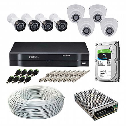 Segurança CFTV - Kit CFTV Intelbras - DVR 16 Canais MHDX 1116, 4 Câmeras Bullet VHD 1120 B G5 + 4 Câmeras Dome VHD 1010 D G4, HD 1TB, Fonte Chaveada, Cabo Coaxial 100 metros, 8 Plugs P4 Macho + 16 Conectores BNC Macho