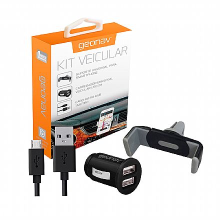 Carregadores - Kit Veicular 3 em 1 - Carregador Universal + Cabo Micro USB + Suporte - Geonav MIC31