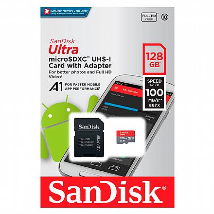 Cartão de Memória - Cartão 128GB Micro SD com adaptador SD - Classe 10 A1 - Velocidade até 100MB/s - Sandisk Ultra SDSQUAR-128G-GN6MA