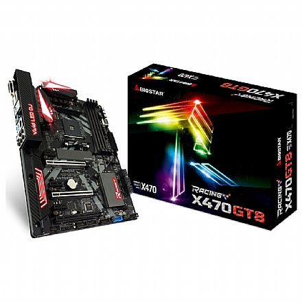 Placa Mãe para AMD - Biostar Racing X470GT8 GAMING (AM4 - DDR4 3200 OC) Chipset AMD X470 - Slot M.2 - USB 3.1 Tipo C - ATX