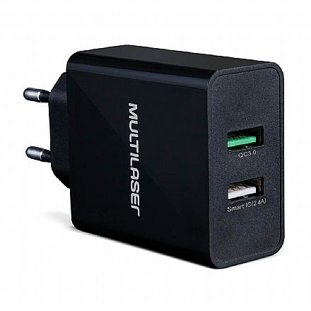 Carregadores - Carregador de parede Multilaser Concept - 1 Saída USB Qualcomm Quickcharger 3.0 e 1 Saída USB Smart-IC - Bivolt - 5.1A - Preto - CB117