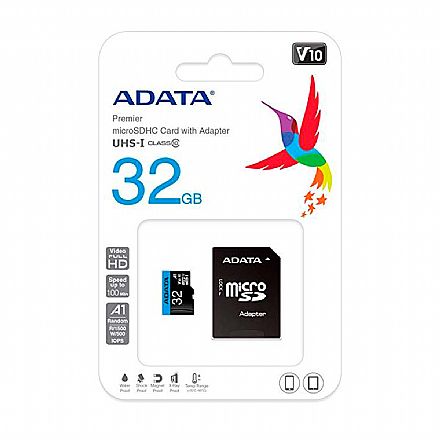 Cartão de Memória - Cartão 32GB MicroSD com Adaptador SD - Classe 10 - Velocidade até 100MB/s - Adata Premier AUSDH32GUICL10A1-RA1