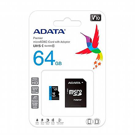 Cartão de Memória - Cartão 64GB MicroSD com Adaptador SD - Classe 10 - Velocidade até 100MB/s - Adata Premier AUSDX64GUICL10A1-RA1