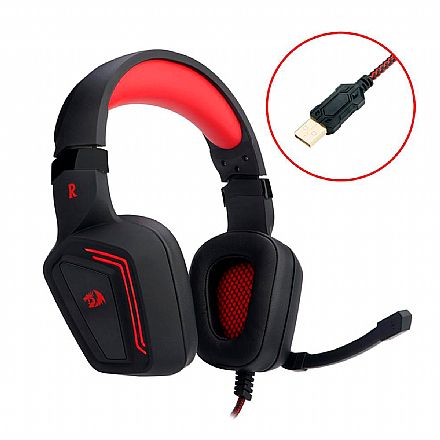 Fone de Ouvido - Headset Gamer Redragon Muses 7.1 - LED Vermelho - Driver de Vibração - Controle de volume no Fone - Conector USB - H310