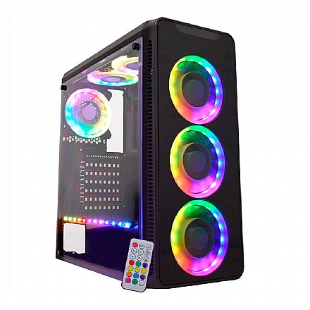 Gabinete - Gabinete Gamer K-Mex Infinity V - Painel Frontal de Vidro Temperado - com Coolers e Fita LED RGB Rainbow - com Controle Remoto - CG-05G8