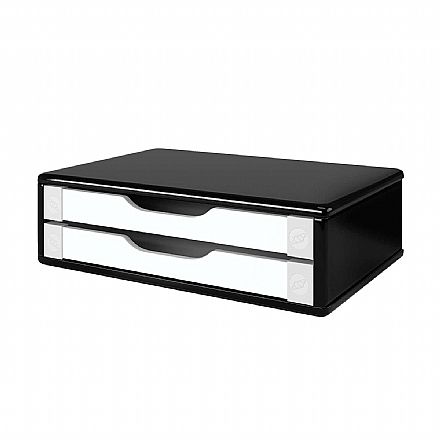 Móveis - Suporte para Monitor de Mesa - com 2 Gavetas - Black Piano e Branco - 3348