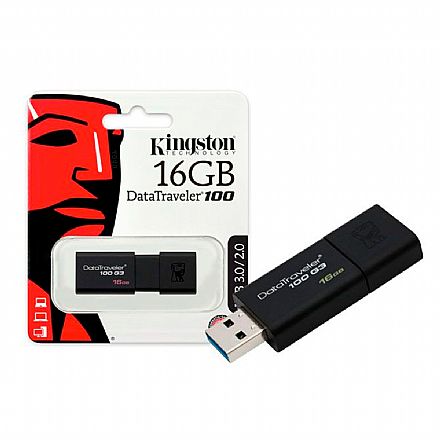 Pen Drive - Pen Drive 16GB Kingston DataTraveler 100 G3 - USB 3.0 - Preto - DT100G3/16GB [i]