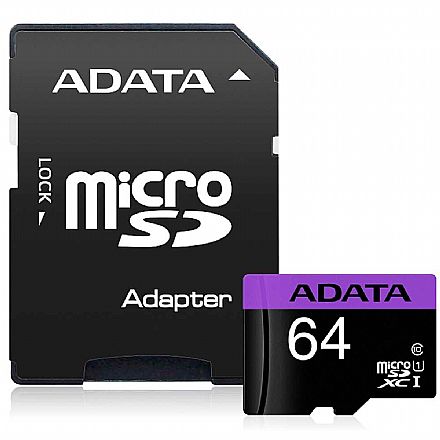 Cartão de Memória - Cartão 64GB Micro SDXC com adaptador SD - Adata - Classe 10 - AUSDX64GUICL10-RA1