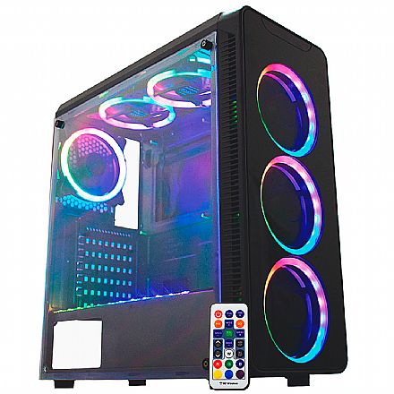 Gabinete - Gabinete Gamer K-Mex Infinity SYNC - Janela Lateral de Acrílico - Painel Frontal de Vidro Temperado - com Coolers e Fita LED RGB Rainbow - Controle Remoto - CG-06G8