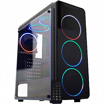 Gabinete - Gabinete Gamer K-Mex Infinity Streamer - Painel Frontal em Vidro Fumê Temperado - Janela Lateral de Acrílico - com Coolers e LED ARGB - Controle Remoto - CG-07G8