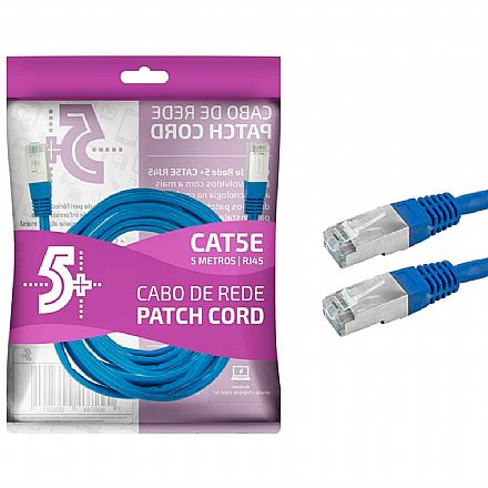 Cabo de rede - Cabo de Rede FTP (Patch Cord) RJ45 Cat 5e - Blindado - 5 metros - Azul - Chip SCE 018-9913