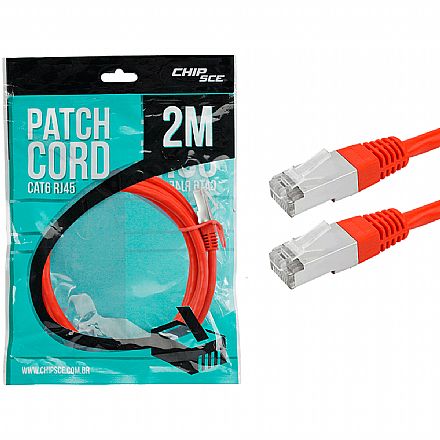 Cabo de rede - Cabo de Rede FTP (Patch Cord) RJ45 Cat 6 - Blindado - 2 metros - Vermelho - Chip SCE 018-1085