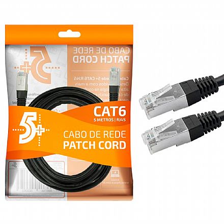 Cabo de rede - Cabo de Rede FTP (Patch Cord) RJ45 Cat 6 - Blindado - 5 metros - Preto - Chip SCE 018-9907