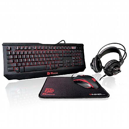 Kit Teclado e Mouse - Kit Teclado + Mouse + Headset + Mousepad Thermaltake - Preto - Teclas Multimídia - com Iluminação LED - 2400dpi - KB-GCK-PLBLPB-01