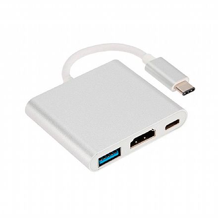Cabo & Adaptador - Cabo Adaptador Conversor USB-C para HDMI + USB 3.0 + USB-C Fêmea - Branco