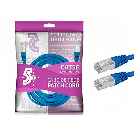 Cabo de rede - Cabo de Rede FTP (Patch Cord) RJ45 Cat 5e - Blindado - 10 metros - Azul - Chip SCE 018-9920