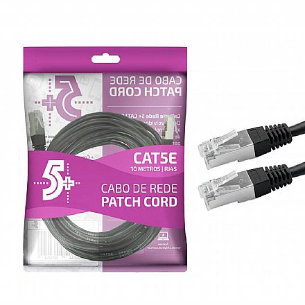 Cabo de rede - Cabo de Rede FTP (Patch Cord) RJ45 Cat 5e - Blindado - 10 metros - Preto - Chip SCE 018-9919