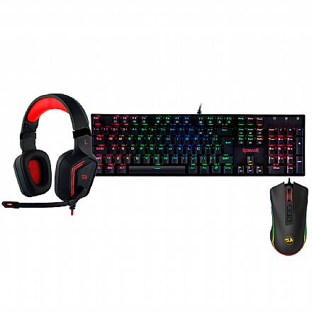 Kit Teclado e Mouse - Kit Gamer Redragon - Teclado Mecânico Mitra RGB + Mouse Cobra Chroma + Headset Muses 7.1