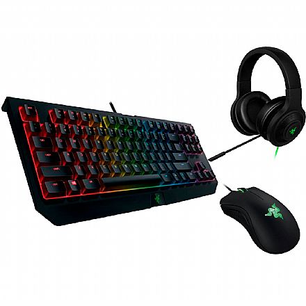 Kit Teclado e Mouse - Kit Gamer Razer - Teclado Mecânico Blackwidow Tournament V2 Chroma + Mouse Deathadder Essential + Kraken Essential