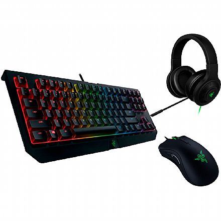 Kit Teclado e Mouse - Kit Gamer Razer - Teclado Mecânico Blackwidow Tournament V2 Chroma + Mouse Deathadder Elite + Headset Kraken Essential