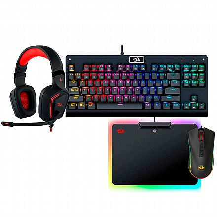 Kit Teclado e Mouse - Kit Gamer Redragon - Teclado Mecânico Dark Avenger RGB + Mouse Cobra Chroma + Headset Muses 7.1 + Mousepad Epeius RGB