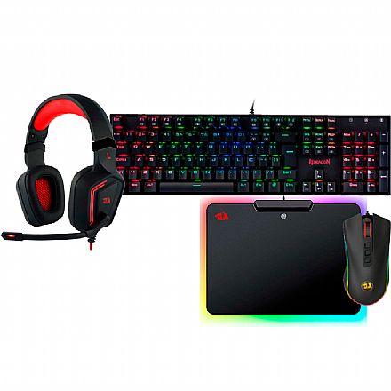 Kit Teclado e Mouse - Kit Gamer Redragon - Teclado Mecânico Mitra RGB + Mouse Cobra Chroma + Headset Muses 7.1 + Mousepad Epeius RGB