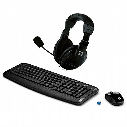 Kit Teclado e Mouse - Kit Home Office HP sem Fio – Teclado e Mouse sem Fio HP 300 + Headset C3 Tech Voicer Comfort
