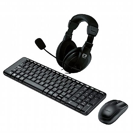 Kit Teclado e Mouse - Kit Home Office Logitech sem Fio – Teclado e Mouse sem Fio MK220 + Headset C3 Tech Voicer Comfort