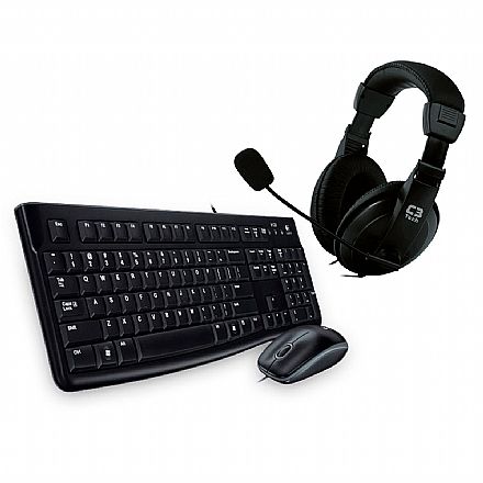 Kit Teclado e Mouse - Kit Home Office Logitech – Teclado e Mouse MK120 + Headset C3Tech Voicer Comfort