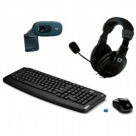 Kit Teclado e Mouse - Kit Home Office Video Meeting HP sem Fio – Teclado e Mouse sem Fio HP 300 + Headset C3 Tech Voicer Comfort + Webcam C270