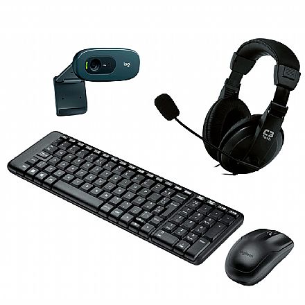 Kit Teclado e Mouse - Kit Home Office Logitech Video Meeting sem Fio – Teclado e Mouse sem Fio MK220 + Headset C3Tech Voicer Comfort + Webcam C270