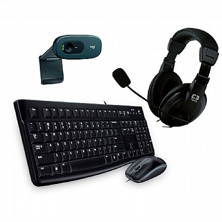 Kit Teclado e Mouse - Kit Home Office Video Meeting Logitech – Teclado e Mouse MK120 + Headset C3 Tech Voicer Comfort + Webcam C270