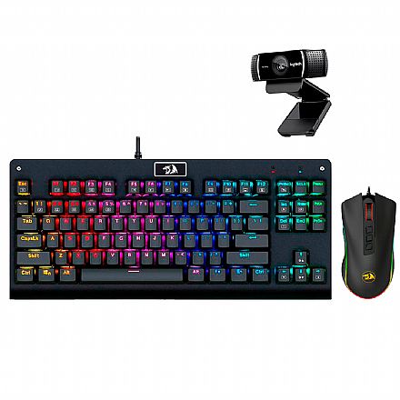 Kit Teclado e Mouse - Kit Gamer Teclado Mecânico Dark Avenger RGB Redragon + Mouse Cobra Chroma + Webcam Logitech C922 Pro