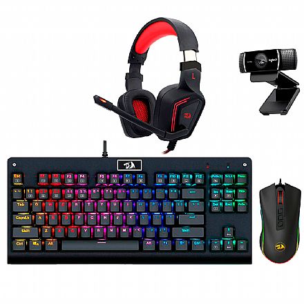 Kit Teclado e Mouse - Kit Gamer Teclado Mecânico Dark Avenger RGB Redragon + Mouse Cobra Chroma + Headset Muses 7.1 + Webcam Logitech C922 Pro