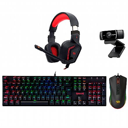 Kit Teclado e Mouse - Kit Gamer Teclado Mecânico Dark Avenger RGB Redragon + Mouse Cobra Chroma + Headset Muses 7.1 + Webcam Logitech C922 Pro