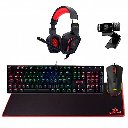 Kit Teclado e Mouse - Kit Gamer Teclado Mecânico Mitra RGB Redragon + Mouse Cobra Chroma + Headset Muses 7.1 + Mousepad Suzaku Extended + Webcam Logitech C922 Pro