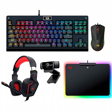 Kit Teclado e Mouse - Kit Gamer Teclado Mecânico Dark Avenger RGB Redragon + Mouse Cobra Chroma + Headset Muses 7.1 + Mousepad Epeius RGB + Webcam Logitech C922 Pro