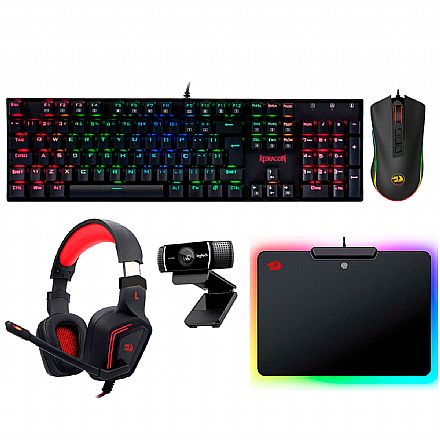 Kit Teclado e Mouse - Kit Gamer Teclado Mecânico Mitra RGB Redragon + Mouse Cobra Chroma + Headset Muses 7.1 + Mousepad Epeius RGB + Webcam Logitech C922 Pro